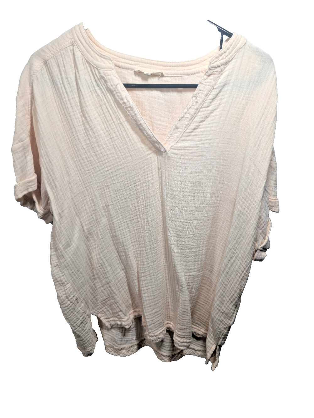 Promesa Womens Medium Ivory Gauzy Fringe Hem Oversized Top Boho Hippie Casual